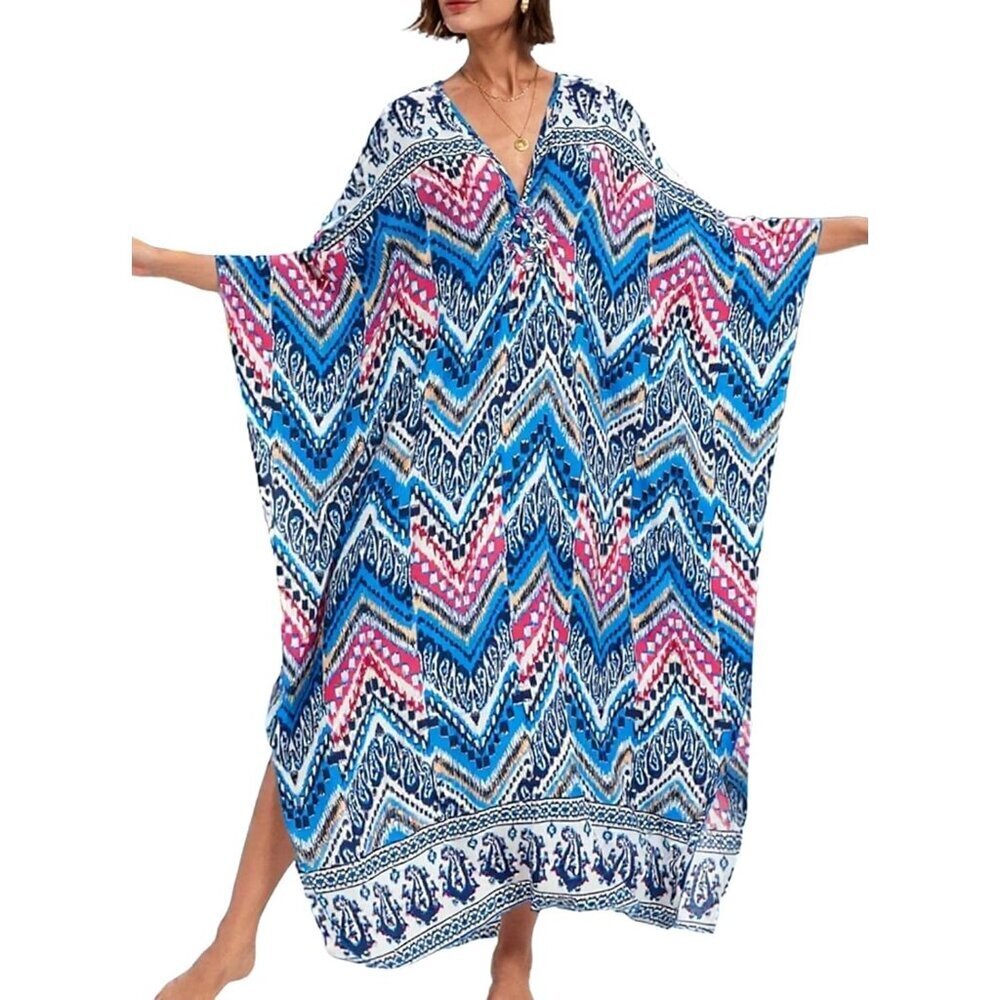 Women Blue White Pink Vneck Batwing Sleeve Flowy Split Hem Bohemian Kaftan Dress